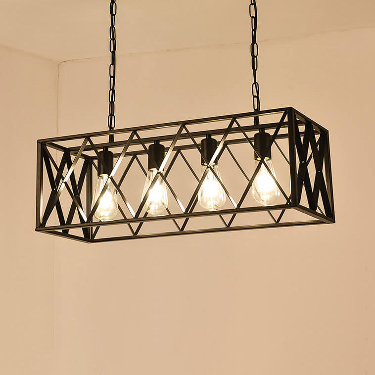 Traditional Farmhouse Rectangular Geometric Iron Cage 4/6 Light Island Light Chandelier For Dining Room