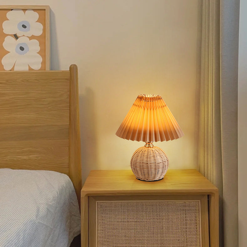 Contemporary Nordic Table Lamp in Rattan &amp; Fabric — Bedroom Lighting | Havora