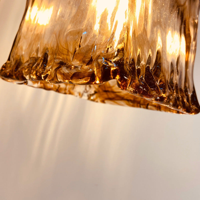 Traditional Vintage Amber Square Glass Brass 1-Light Pendant Light For Living Room