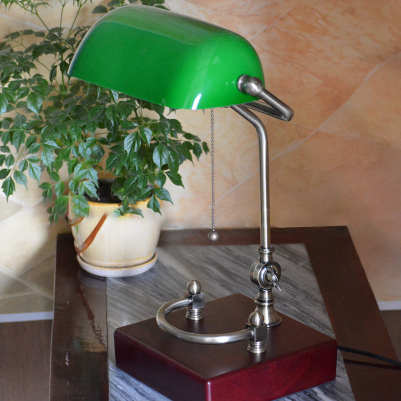 Traditional Vintage Square Green Shade Glass Solid Wood Iron 1-Light Table Lamp For Living Room
