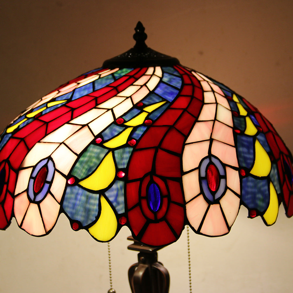 Traditional Tiffany Glass Stained Glass Cone Pull Cord 2-Light Table Lamp for Bedroom