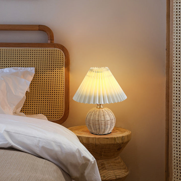 Contemporary Nordic Table Lamp in Rattan &amp; Fabric — Bedroom Lighting | Havora