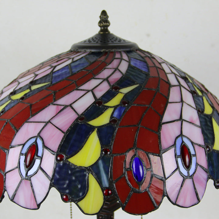 Traditional Tiffany Glass Stained Glass Cone Pull Cord 2-Light Table Lamp for Bedroom