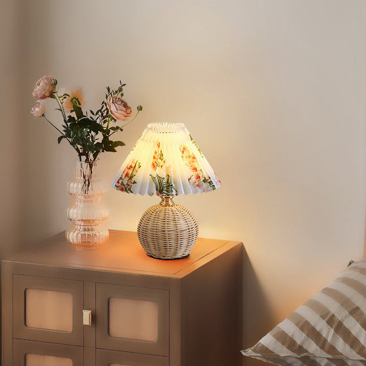 Contemporary Nordic Table Lamp in Rattan &amp; Fabric — Bedroom Lighting | Havora