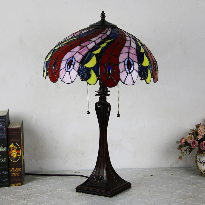 Traditional Tiffany Glass Stained Glass Cone Pull Cord 2-Light Table Lamp for Bedroom