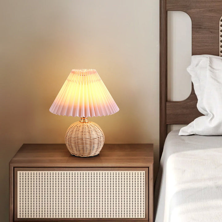 Contemporary Nordic Table Lamp in Rattan &amp; Fabric — Bedroom Lighting | Havora