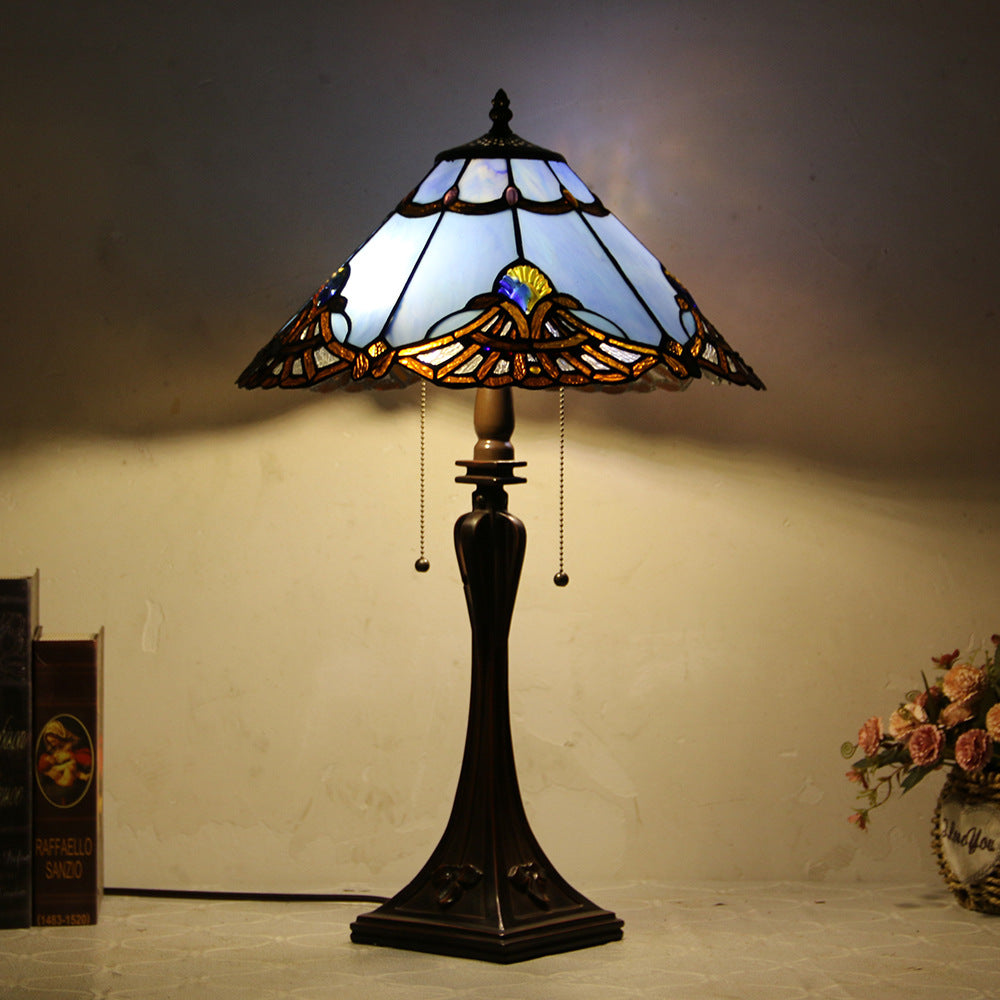 Traditional Tiffany Glass Stained Glass Cone Pull Cord 2-Light Table Lamp for Bedroom