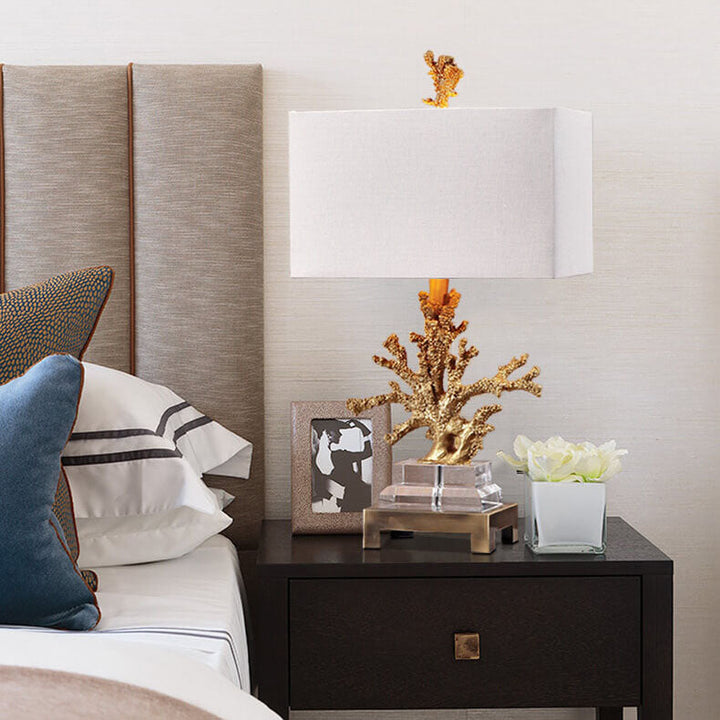 Modern Art Deco Linen Resin Crystal Coral Base 1-Light Table Lamp For Bedroom