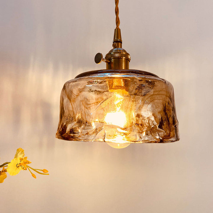 Traditional Vintage Amber Square Glass Brass 1-Light Pendant Light For Living Room
