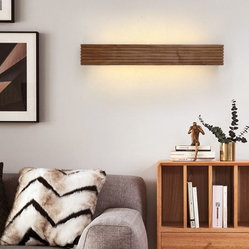 Traditional Chinese Striped Wood Cuboid LED Vanity Mirror Front Wall Sconce Lamp For Bathroom