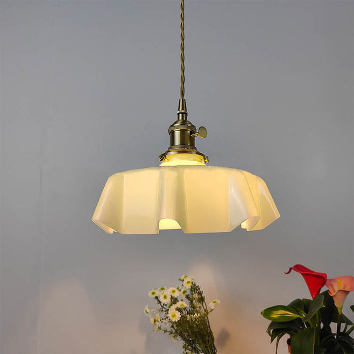 Traditional Japanese Cream Petal Glass Iron 1-Light Pendant Light For Dining Room