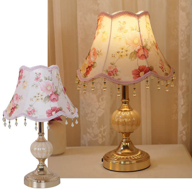 European Vintage Floral Table Lamp in Fabric, Glass &amp; Hardware — Bedroom Lighting | Havora