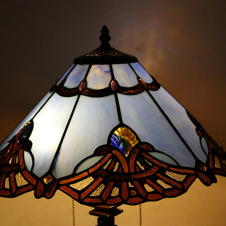 Traditional Tiffany Glass Stained Glass Cone Pull Cord 2-Light Table Lamp for Bedroom