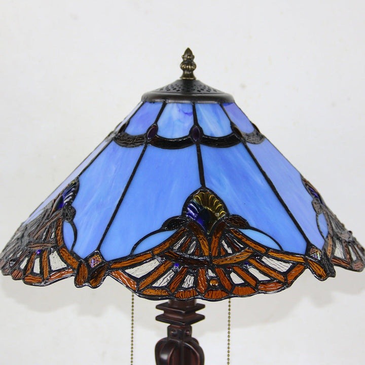 Traditional Tiffany Glass Stained Glass Cone Pull Cord 2-Light Table Lamp for Bedroom