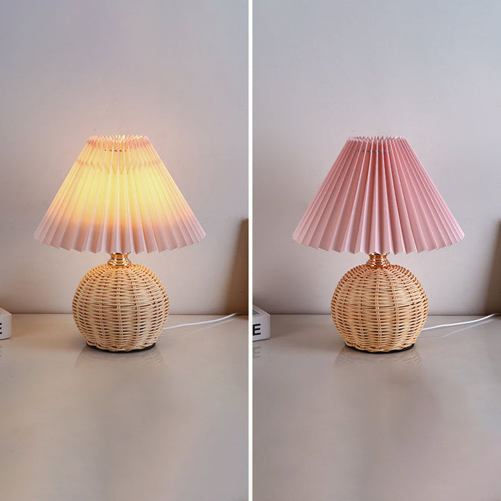 Contemporary Nordic Table Lamp in Rattan &amp; Fabric — Bedroom Lighting | Havora