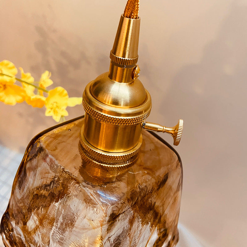 Traditional Vintage Amber Square Glass Brass 1-Light Pendant Light For Living Room