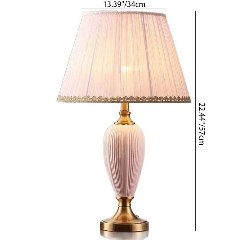 Traditional European Pleated Fabric Shade Ceramic Column Base 1-Light Table Lamp For Study
