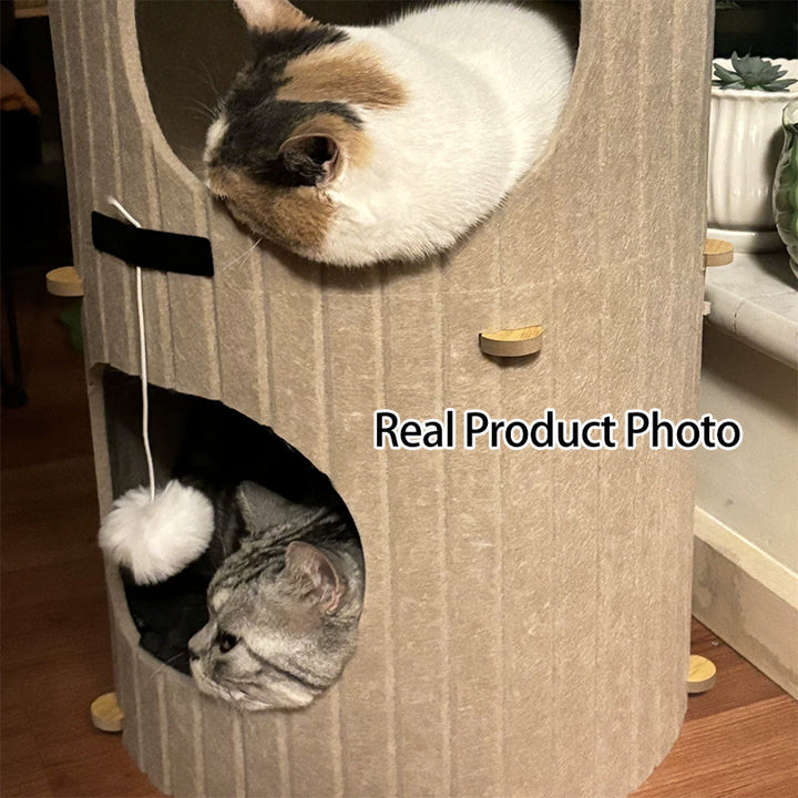Traditional Rustic Cylindrical Tree Hole Felt Sherpa Fleece &amp; MDF Cat Tower 2/3-Hole For Living Room