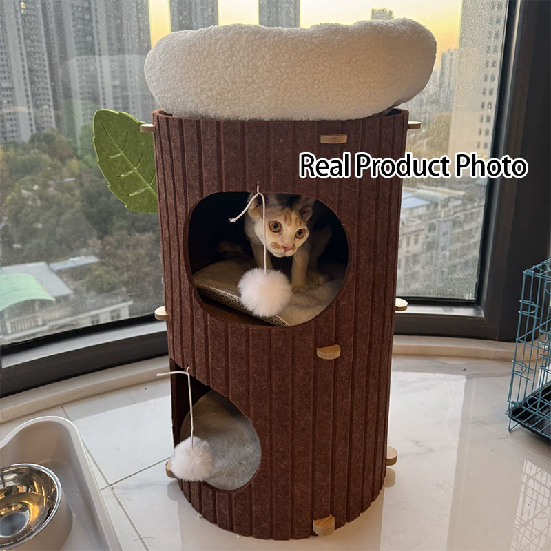 Traditional Rustic Cylindrical Tree Hole Felt Sherpa Fleece &amp; MDF Cat Tower 2/3-Hole For Living Room