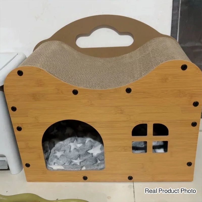 Traditional Rustic Wavy Rectangle House-Shape MDF Corrugated Paper Cat Beds 1-Cabinet For Living Room