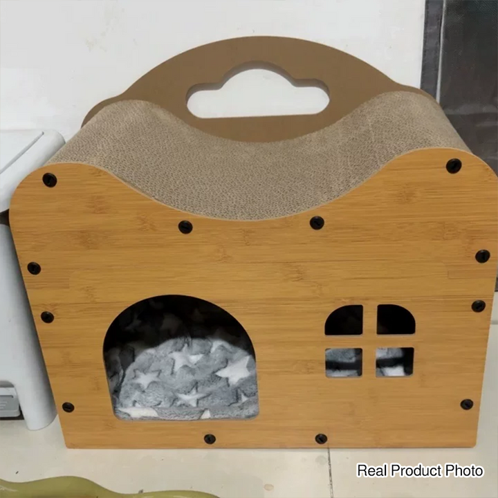 Traditional Rustic Wavy Rectangle House-Shape MDF Corrugated Paper Cat Beds 1-Cabinet For Living Room