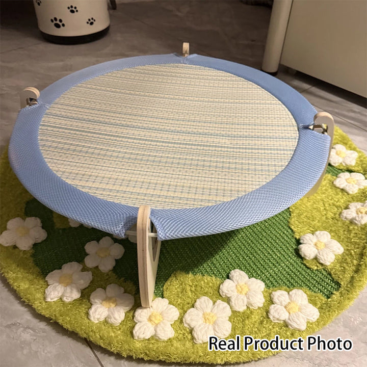 Contemporary Boho Round Plywood Asian Grass Mat Cat Bed For Bedroom
