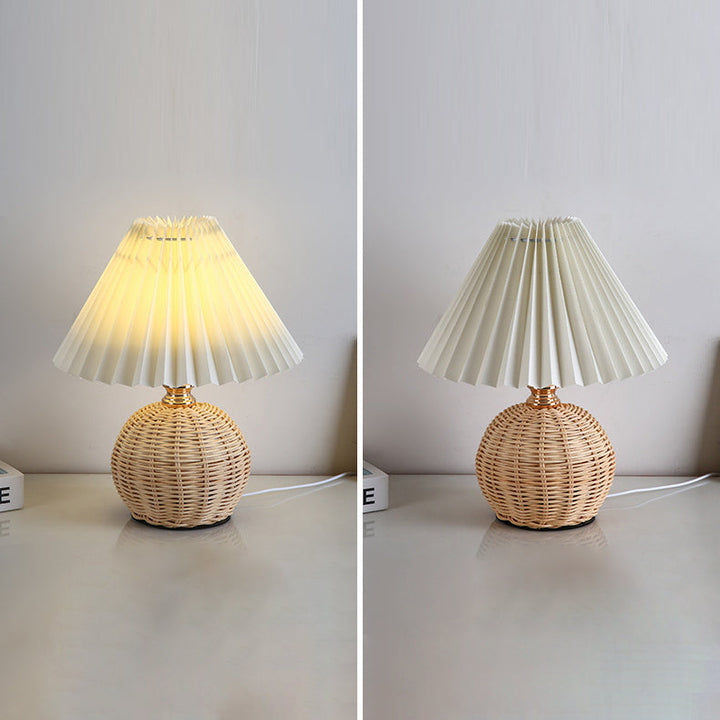 Contemporary Nordic Table Lamp in Rattan &amp; Fabric — Bedroom Lighting | Havora
