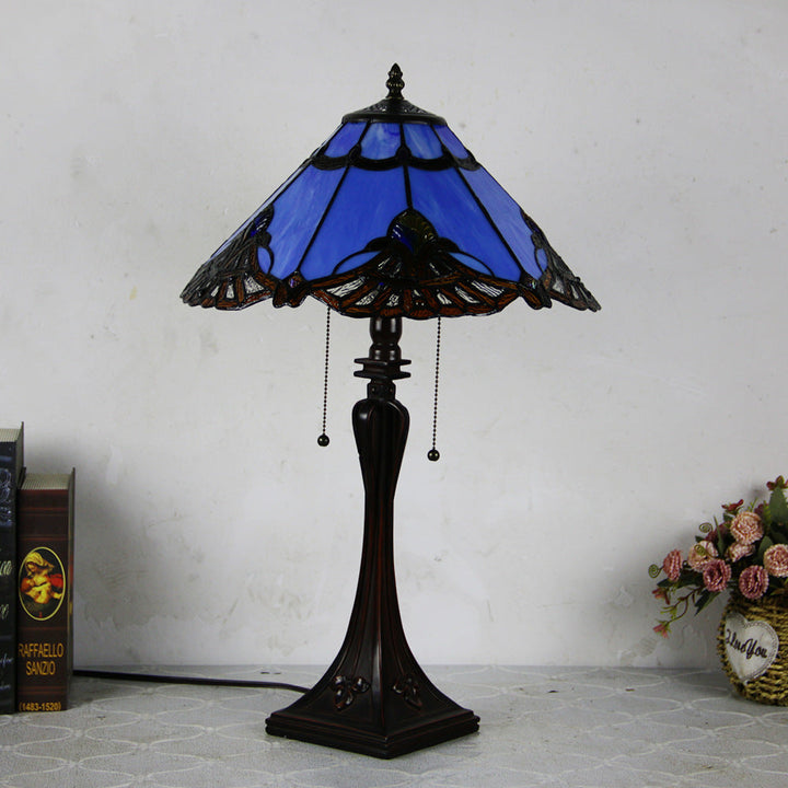 Traditional Tiffany Glass Stained Glass Cone Pull Cord 2-Light Table Lamp for Bedroom