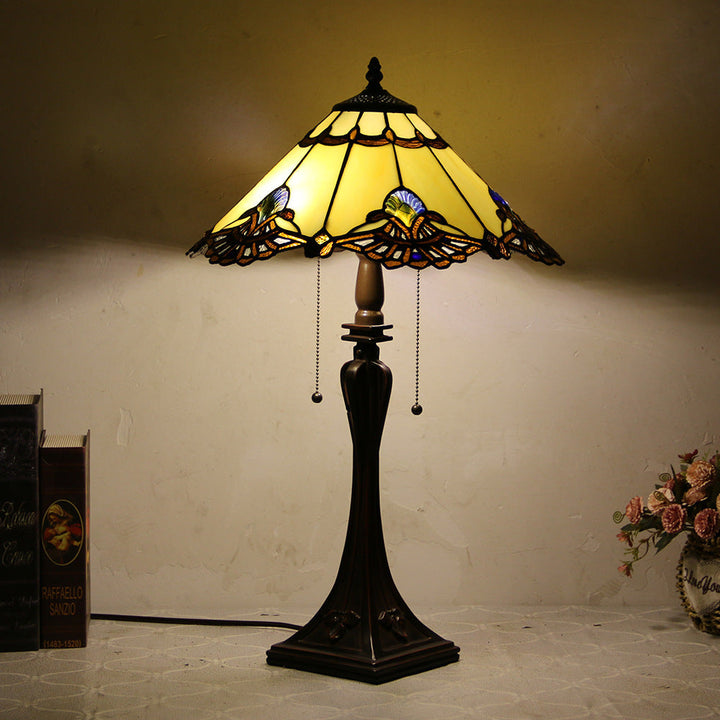 Traditional Tiffany Glass Stained Glass Cone Pull Cord 2-Light Table Lamp for Bedroom