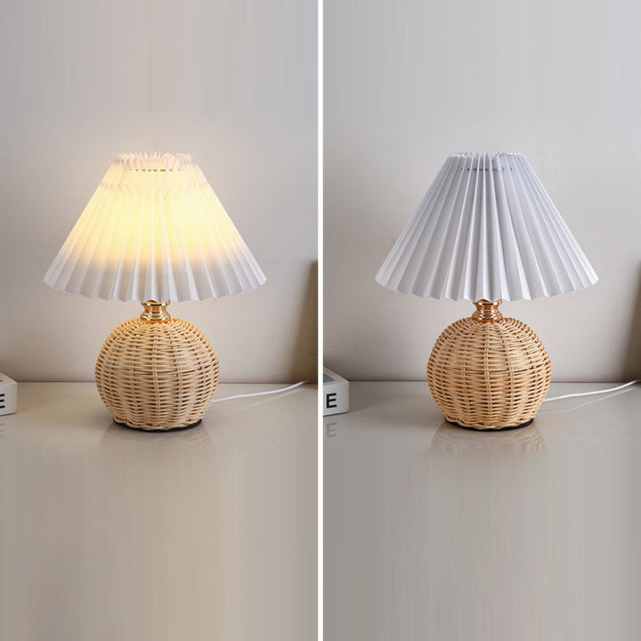 Contemporary Nordic Table Lamp in Rattan &amp; Fabric — Bedroom Lighting | Havora
