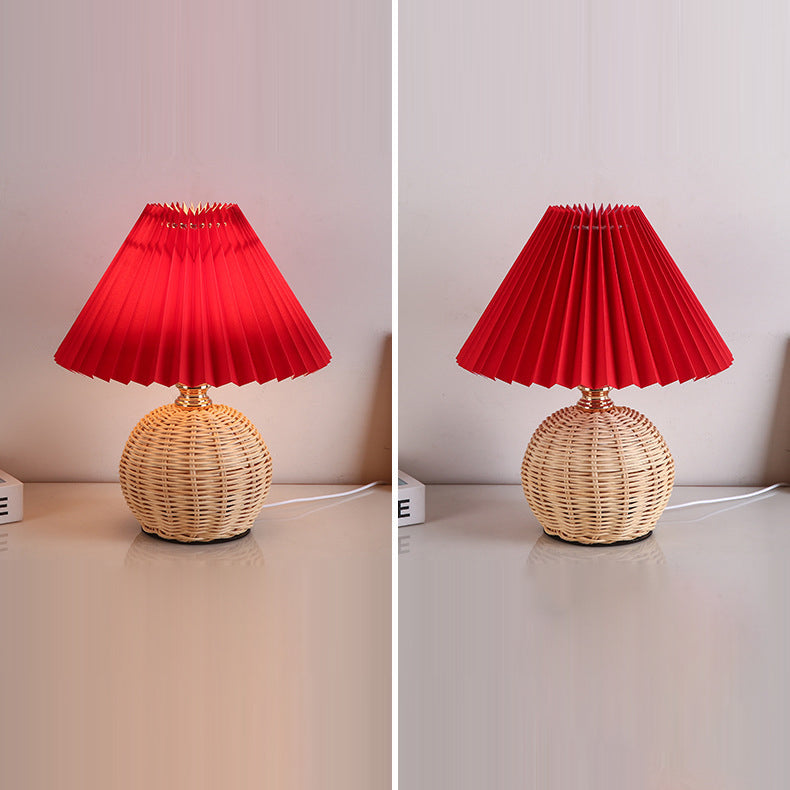 Contemporary Nordic Table Lamp in Rattan &amp; Fabric — Bedroom Lighting | Havora