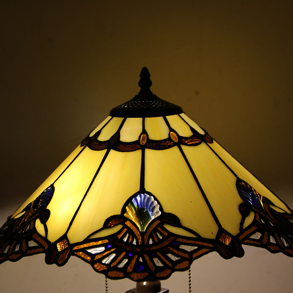 Traditional Tiffany Glass Stained Glass Cone Pull Cord 2-Light Table Lamp for Bedroom