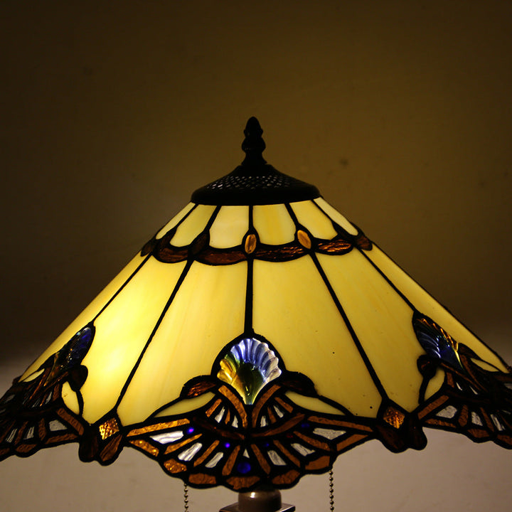 Traditional Tiffany Glass Stained Glass Cone Pull Cord 2-Light Table Lamp for Bedroom