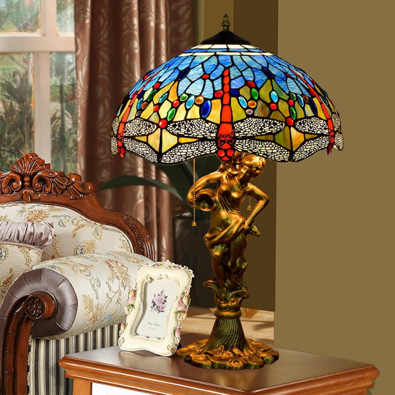 Tiffany Mediterranean Dragonfly Stained Glass 3-Light Zipper Table Lamp