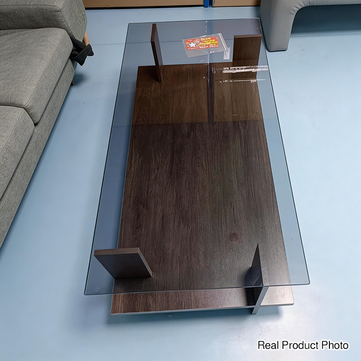 Modern Minimalist Tempered Glass &amp; Particle Board Rectangular Coffee Table 2-Tier For Living Room