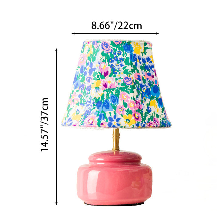 Contemporary Nordic Ceramic Fabric Colorful Plaid Pattern Drum Shape 1-Light Table Lamp For Bedroom