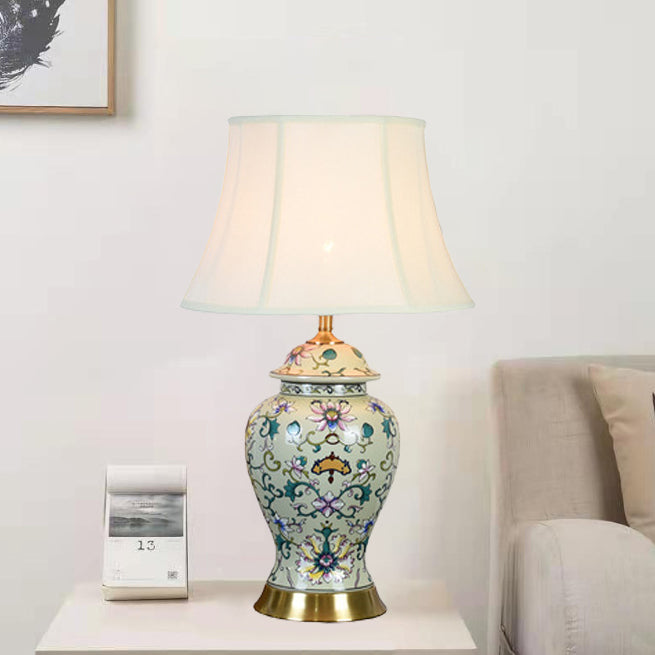 Contemporary Retro Lotus Leaves Pattern Ceramic Copper Linen 1-Light Table Lamp For Bedroom