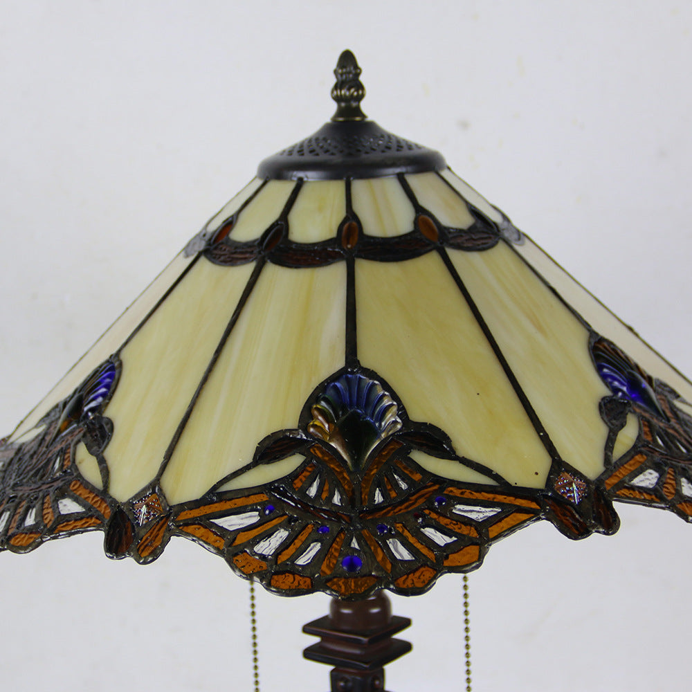 Traditional Tiffany Glass Stained Glass Cone Pull Cord 2-Light Table Lamp for Bedroom