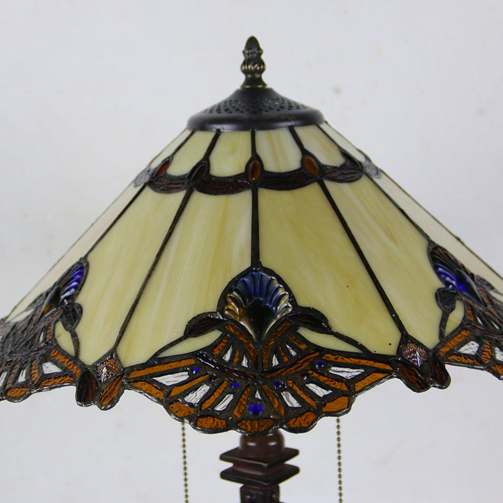 Traditional Tiffany Glass Stained Glass Cone Pull Cord 2-Light Table Lamp for Bedroom