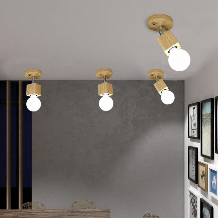 Modern Minimalist Ash Wood Iron Square 1/3-Light Flush Mount Ceiling Light For Living Room