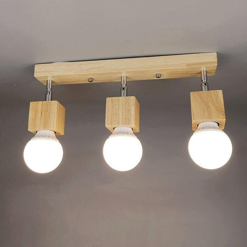 Modern Minimalist Ash Wood Iron Square 1/3-Light Flush Mount Ceiling Light For Living Room