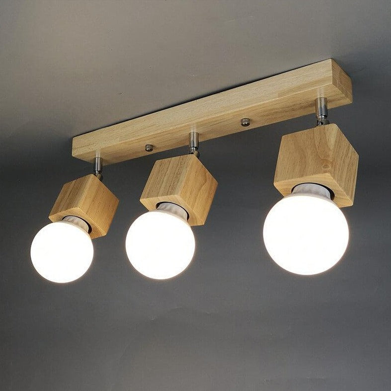 Modern Minimalist Ash Wood Iron Square 1/3-Light Flush Mount Ceiling Light For Living Room