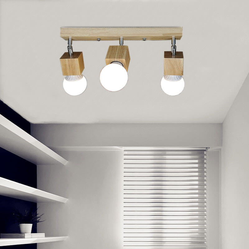 Modern Minimalist Ash Wood Iron Square 1/3-Light Flush Mount Ceiling Light For Living Room