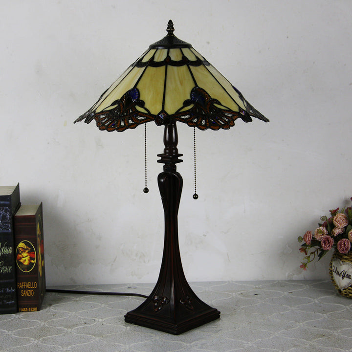 Traditional Tiffany Glass Stained Glass Cone Pull Cord 2-Light Table Lamp for Bedroom