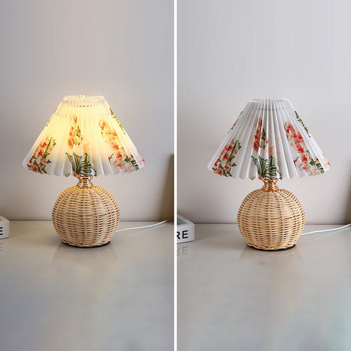 Contemporary Nordic Table Lamp in Rattan &amp; Fabric — Bedroom Lighting | Havora