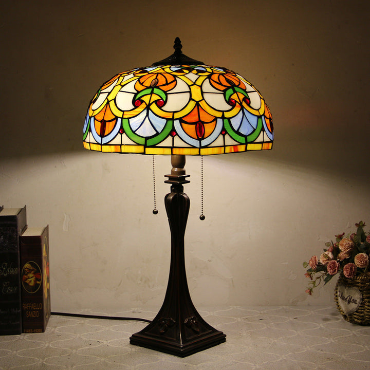 Traditional Tiffany Glass Stained Glass Cone Pull Cord 2-Light Table Lamp for Bedroom