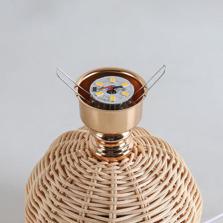 Contemporary Nordic Table Lamp in Rattan &amp; Fabric — Bedroom Lighting | Havora