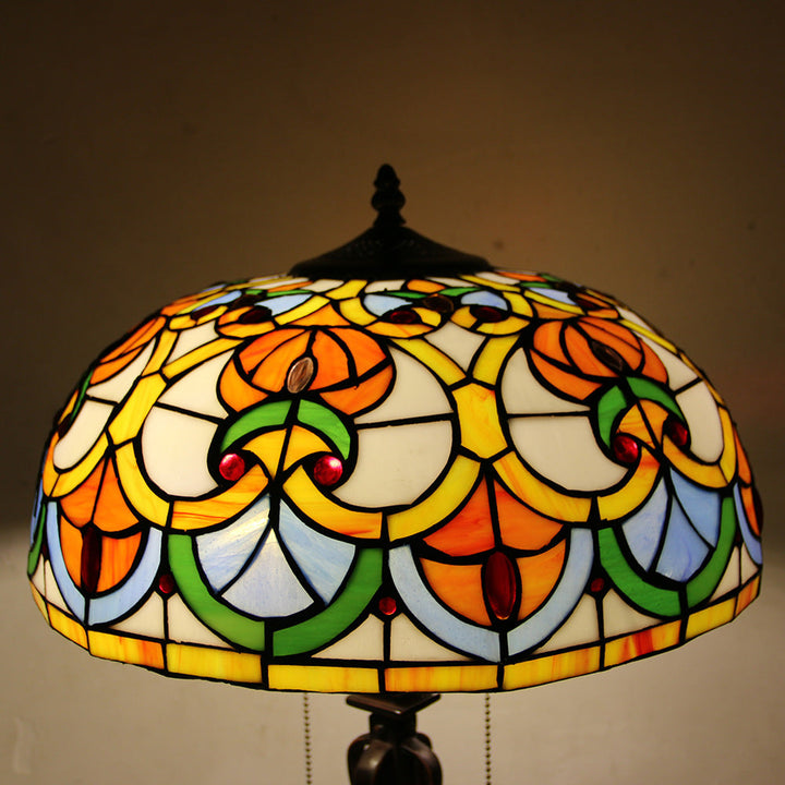 Traditional Tiffany Glass Stained Glass Cone Pull Cord 2-Light Table Lamp for Bedroom