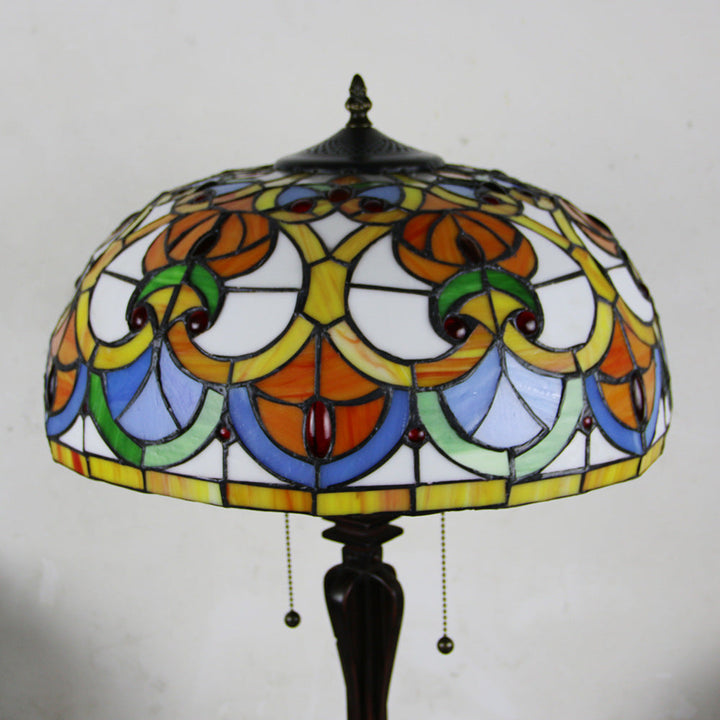 Traditional Tiffany Glass Stained Glass Cone Pull Cord 2-Light Table Lamp for Bedroom