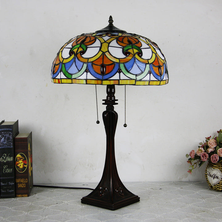 Traditional Tiffany Glass Stained Glass Cone Pull Cord 2-Light Table Lamp for Bedroom